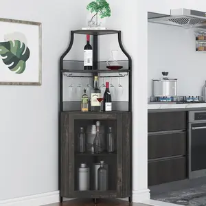 Gaomon Farmhouse Corner Cabinet - Oak Gray 5-Tier MDF Wood Liquor Cabinet with Metal Frame, Open Top, Adjustable Shelf, Glass Holder, Quick Setup for Dining Room Storage