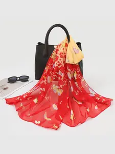 Long Chiffon Scarf, Boho Style, Loose-Fitting, Random Print, All Seasons, Mother's Day Gift, Korean Fashion, Sun Protection Shawl