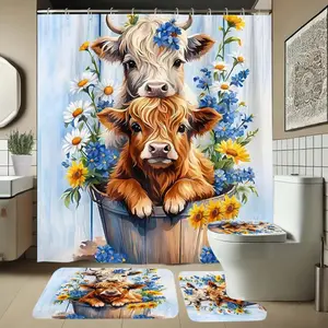 Elegant Bathroom Set with Floral Mountain Cow Design, Includes Soft Shower Curtain, Mat, and Toilet Seat Cover, 4-Piece Bath Ensemble, Shower Curtain Sets