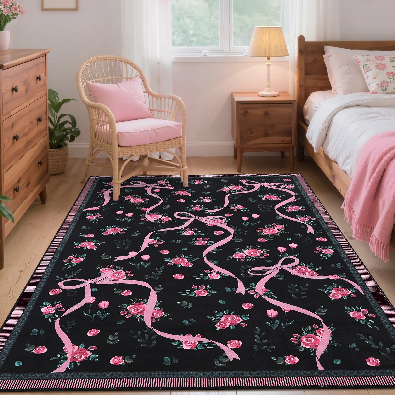 Washable Plant Floral Carpet Low Pile Foldable Interior Decoration Rug Anti-fouling and Non-slip for Bedroom Dining Room and Office