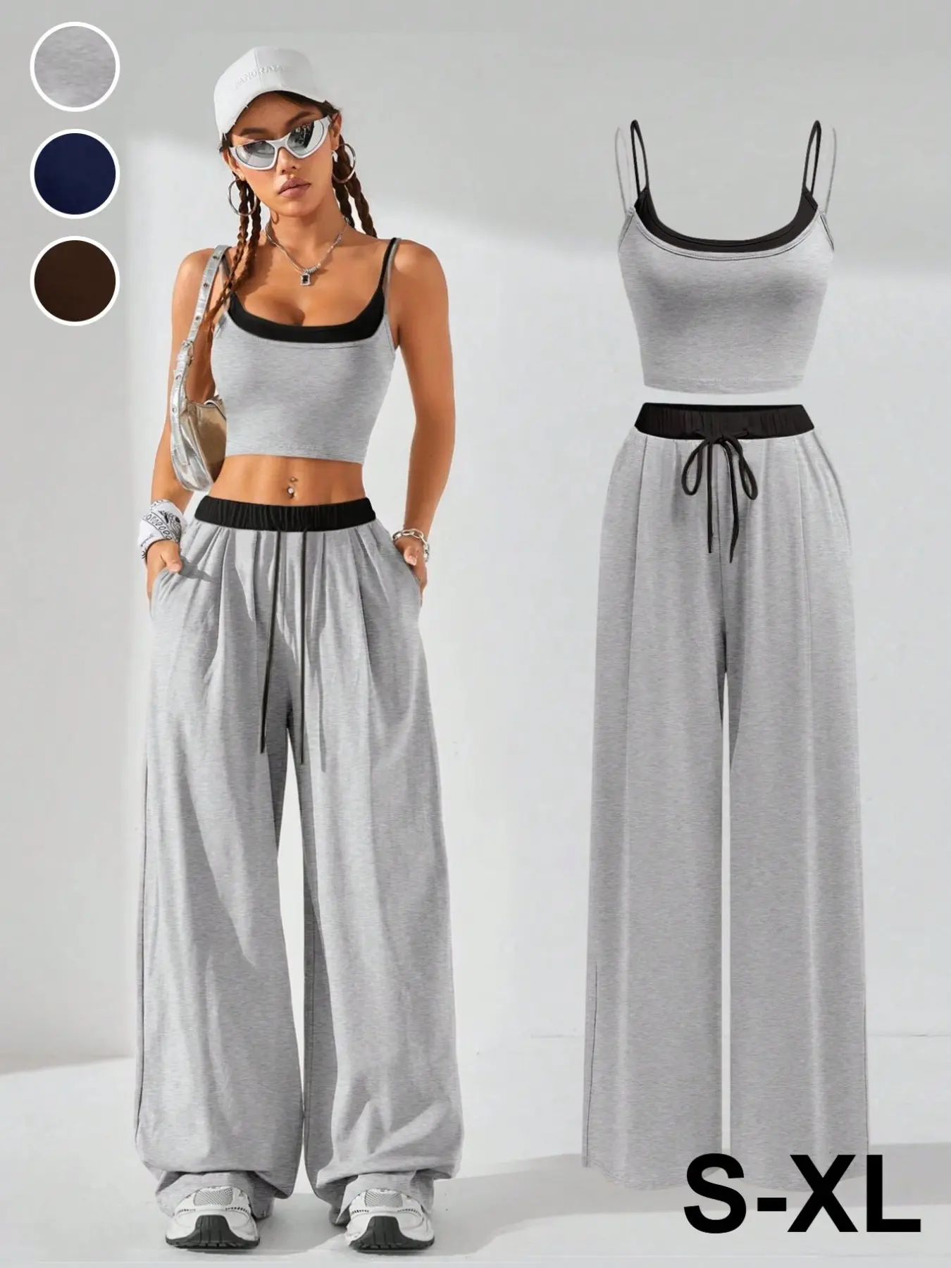 Women's Fall Winter Casual Sport Fitted Knit Two-Piece Set, Sweat Suit Set, Tank Top Sleeveless & Sweatpants Comfortable, Back-To-School Clothing, Home Wear
