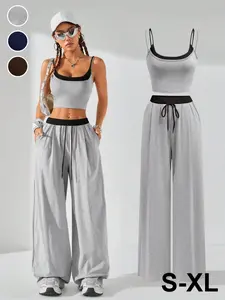 Women's Fall Winter Casual Sport Fitted Knit Two-Piece Set, Tank Top & Sweatpants Comfortable, Back-To-School Clothing, Home Wear