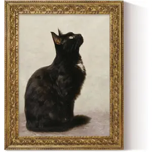 VIYYIEA Vintage Gold Framed Wall Art, Black Cat Oil Painting Style Artwork, Classic Animal Portrait Wall Decor for Living Room Bedroom, 11x14 Inch