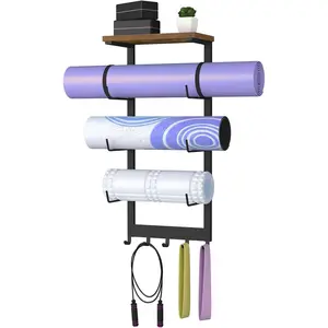 Yoga Mat Holder Wall Mount, Yoga Mats Storage Rack, Home Gym Wall Organizer Holder with Wood Floating Shelf and 5 Hooks, Storage Rack for Hanging Foam Roll