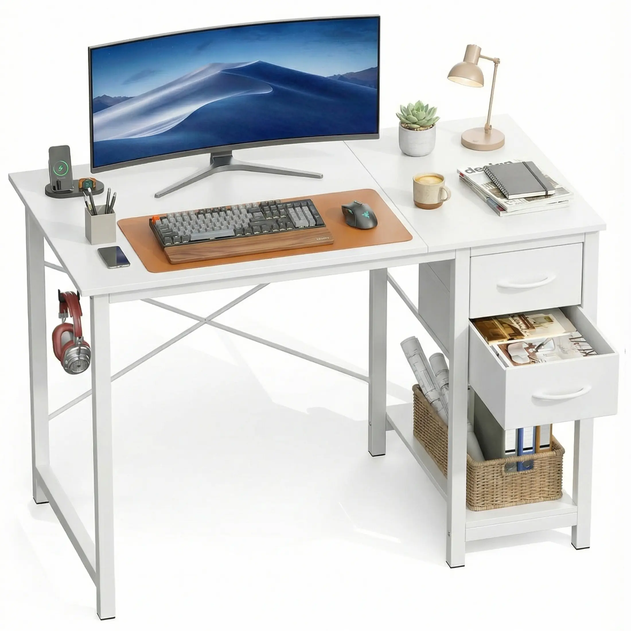 Computer Desk - Furniture-Style Minimalist Modern Desk with Storage Drawers, Multi Drawer Design, X-Shaped Reinforcement, Sturdy Metal Frame, Side Hook for Home Office Study Use, Furniture-Style Desks, Drawers Desks