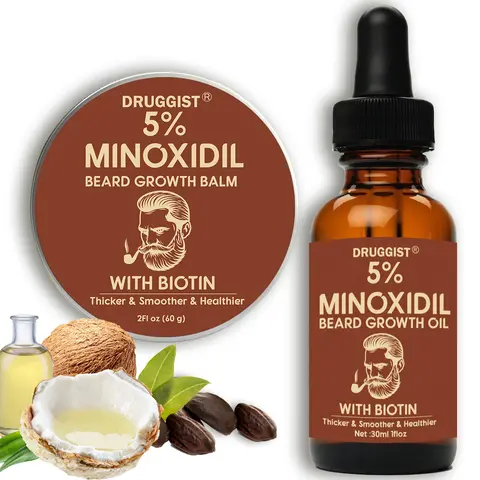 DRUGGIST 5% Minoxidil Beard Growth Balm & Cream - Men's Hair Growth Promotion Product, 24-Month Shelf Life, Nourishing Care, Stronger Fuller Facial Hair, Any Skin Type, 1 Bottle
