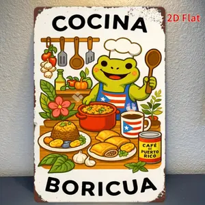 2D Flat - 2D Plane, Vintage Wooden Art Sign - Boricua Kitchen Frog Chef Logo | Puerto Rican Cocina Wall Decor, Suitable for Home Kitchens, English Style