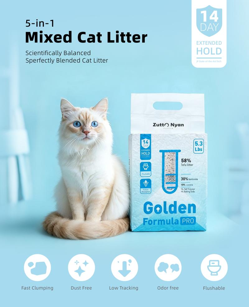 ZuttoNyan 5-in-1 Tofu Mixed Cat Litter,Fast Clumping,Dust Free,Low Tracking,Odor free,Flushable