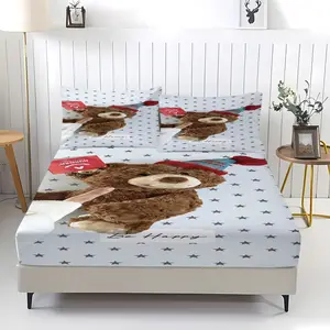 Plush teddy bear pattern bed sheet, comfortable printed pattern, including 1 bed sheet and 2 pillowcases, comfortable bedding, anti slip dust cover suitable for bedrooms and guest rooms, suitable for children or adults as gifts