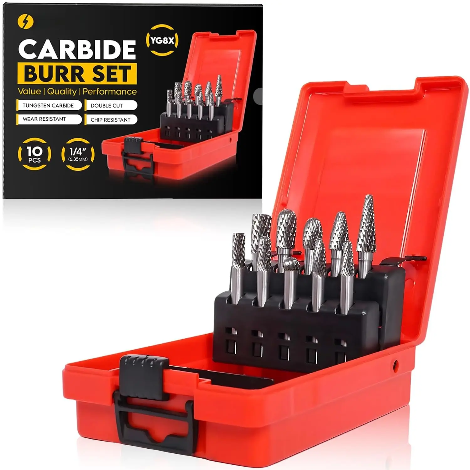 10 count Tungsten Carbide Burr Set 6.35mm - 1/4" Shank Double Cut   Bits  Burrs - Metal, Steel - Rotary Tools Rasp Accessories - Deburring, Engraving, Grinding, Carving, Porting