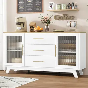 【GARVEE】Sideboard Buffet Cabinet with 2 Fluted Glass Doors, 56" Modern Coffee Bar Cabinet featuring 3 Large Drawers, Available with Natural or White Top, White Long Storage Cabinet for Kitchen, Dining, Living Room