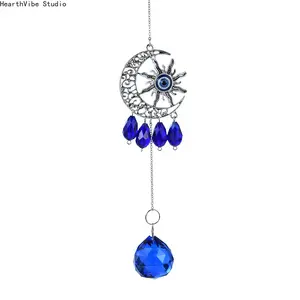 "Evil Eye" Blue Teardrop & Moon-Themed Garden Decor — Crystal Suncatcher Wind Chime Pendant