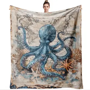 Vintage Nautical Octopus Flannel Blanket 270g Thick Warm Soft Throw Blanket for Bedroom Living Room Sofa with Marine Life World Map Print Comfortable Cozy Fleece Blanket Home Decor All Season Use
