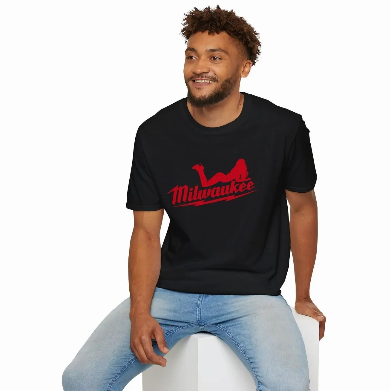 Milwaukee Pin Up Girl Graphic T-Shirt, Red Logo Power Tools Tee, Mechanic Contractor Shirt, Tradesman Workshop Gift, Unisex Workwear Tee 237AJB