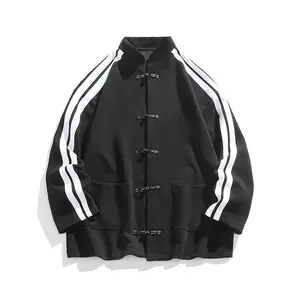 Chinese Style Button Cardigan Design Heavyweight Sweatshirt Loose Trendy Top Coat Couple New Men's Clothing Menswear Jackets Gamis Long Sleeve Casual Stripe Striped Fashion Black Tights Fashionable Outerwear