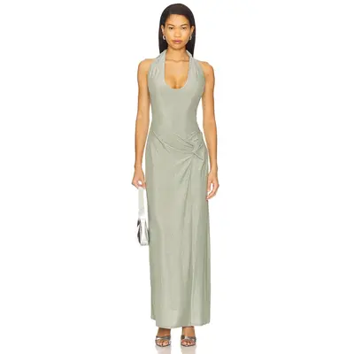 green emerald velvet dress A Line Cowl Neck Tie Straps Sage Green Prom Dresses with Split US2 / As Picture