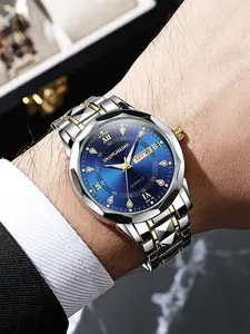 Men's Watch Luminous Dial Dual Date Quartz Casual Trendy Wristwatch Steel Band, Night Glow Analog Display, Ideal for Daily Wear & Travel, Casual Fashion Watch