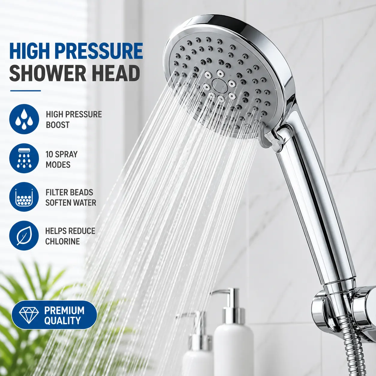 High Pressure Filtered Handheld Shower Head with 10 Spray Modes Detachable Stainless Steel Hose & Hard Water Filter Beads for Dry Skin Hair