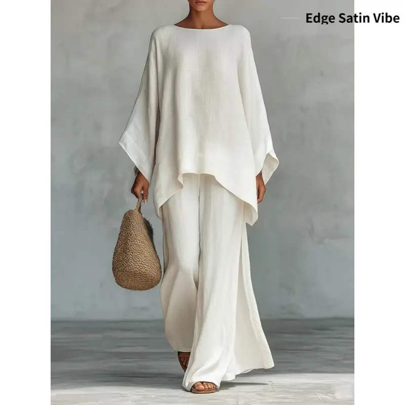 Lady's 2-Piece New Spring-Summer Basic Women's Clothing Set: Casual Loose Batwing Round Neck Irregular Top, Wide-Leg Trouser, Top Set, Irregular Cut, Clothes, Everyday Wear, Ootd Ideas, Casual Women's Clothing Sets