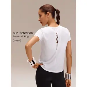 GLOWMODE Sunny Skies Regular Fit Waist Length Sun-Protective Vertical Seam Open Back Crewneck Tee Training Running Jogging Workout Gym Fitness Active Wear
