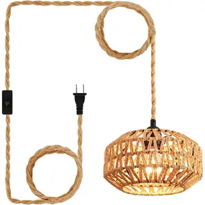 Plug-in Rattan Pendant Hanging Light with Switch, Mini Boho Hand Woven Semi Flush Mount Ceiling Lamp, Hallway Light Fixtures for Bedroom Entryway Kitchen