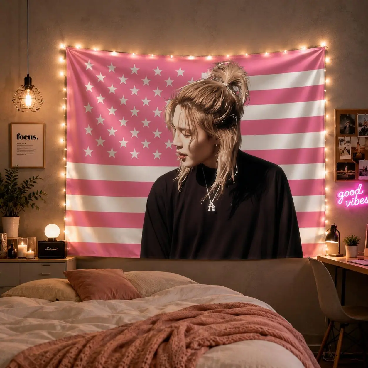 Kpop Idol Pink Flag Tapestry Wall Decor, Korean Pop Fan Room Aesthetic, Soft Pink Bedroom Hanging, Gift for Music Lovers, Birthday Gift