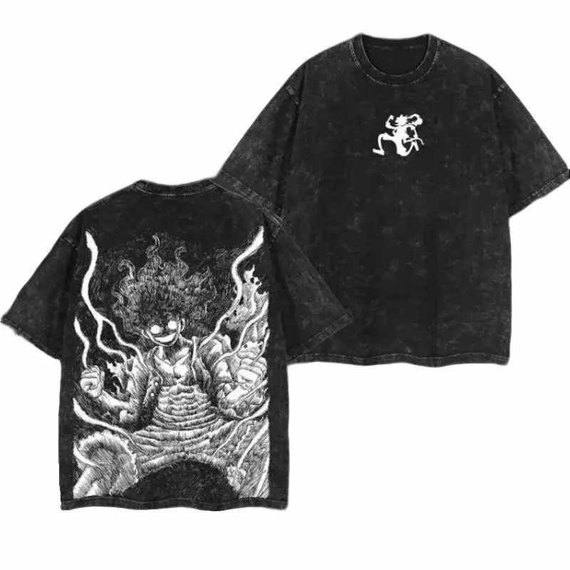 Lufi JoiBoy" One Piece RetroVintage Unisex Anime Manga Acid Washed Lightweight Cotton Tshirt, Gift For Anime Fan tees vintage shirts T-shirt Men's Graphic Round Neck Fabric Menswear Top Oversized Black Casual Crewneck Seamless
