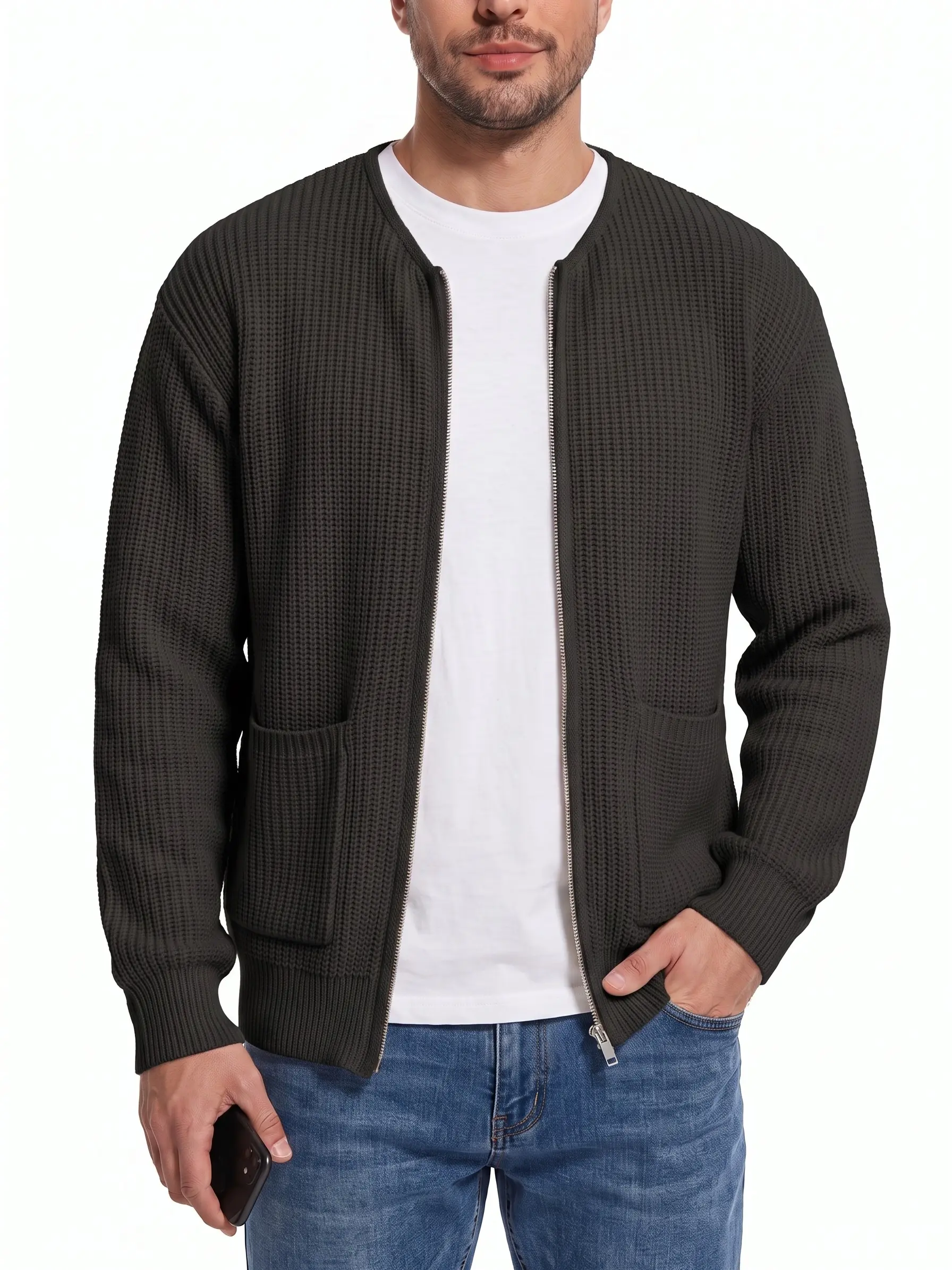 Men's Longsleeves Zip-Up Knit Cardigan - Fashion Normal Type Tops, Textured Stand Collar Sweater Jacket with Pockets, Machine Washable for Casual Streetwear, Fall-Winter Layering