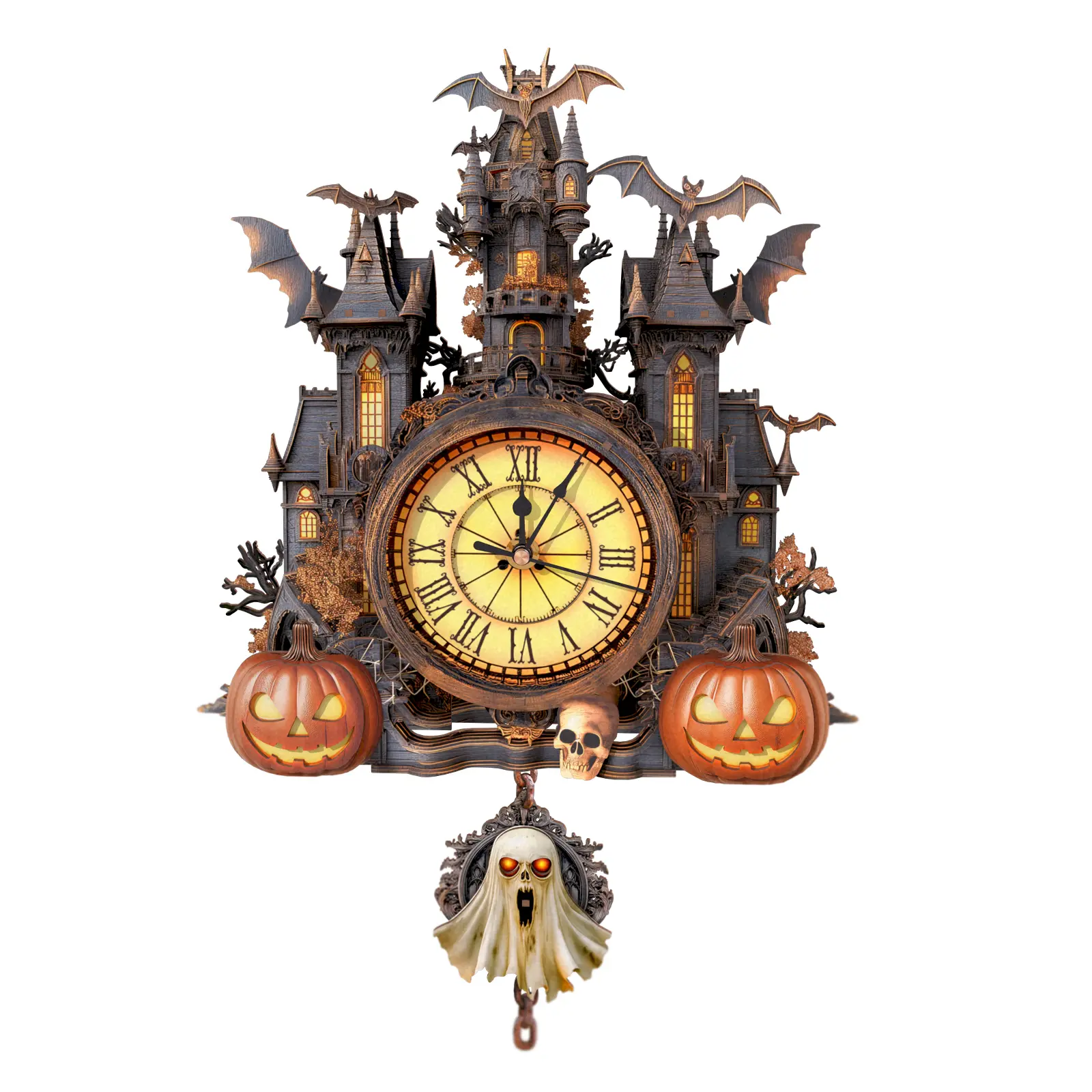 3D Puzzles for Adults Clock-Halloween Cottage Design Model Kit-Mechanical DIY Pendulum Clock with Roman Numerals-Desk Home Office Decor Personalized Gift for DIY Lovers-Mysterious Castle
