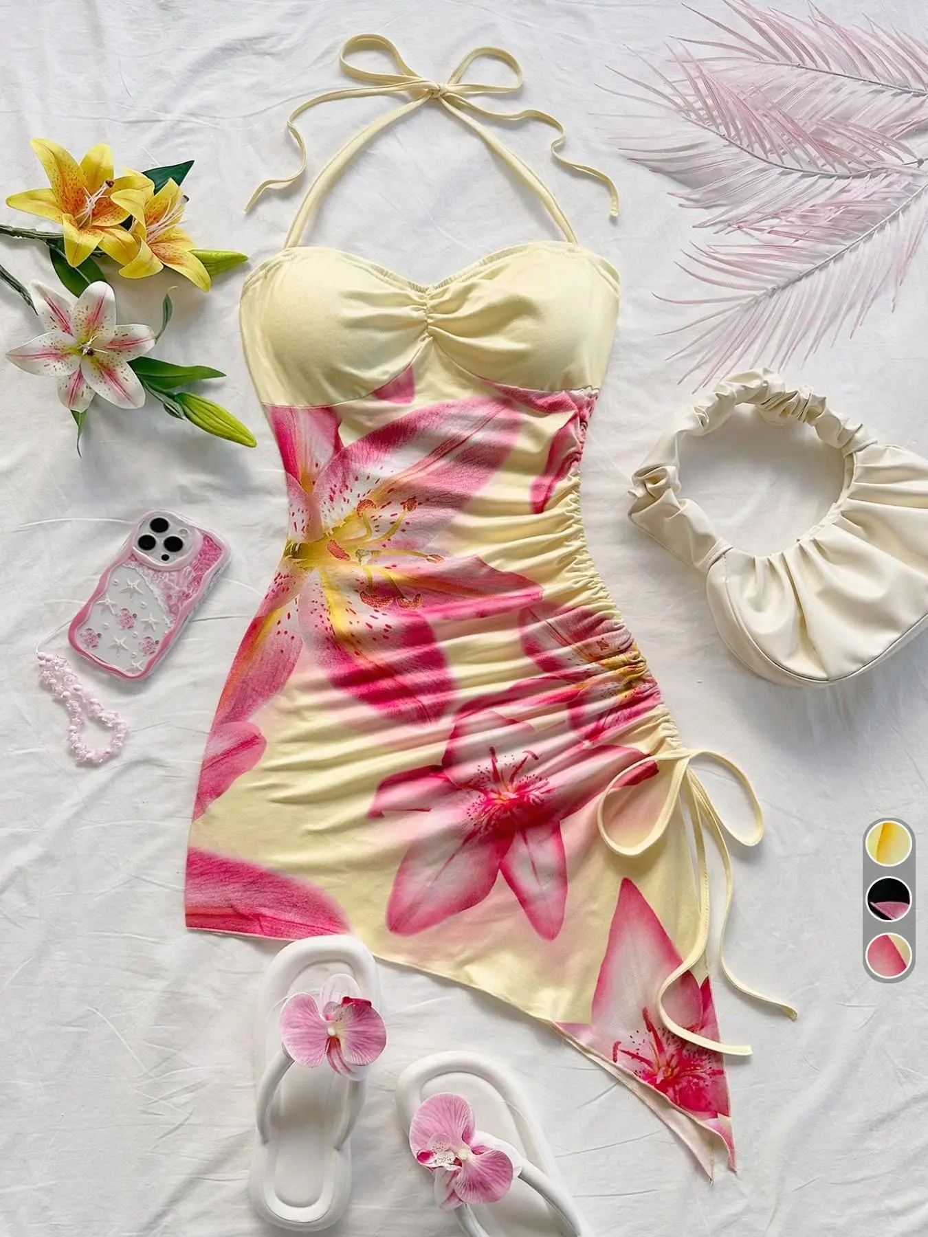 Women's Lily Print Halter Neck Dress, Drawstring Side Ruched Design, Sweet Style Summer Wear, Perfect for Beach, Dates, Parties & Afternoon Tea, Casual Beach Sundress
