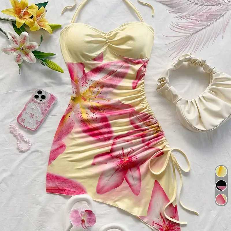 Women's Boho Printed Floral Lily Print Halter Neck Dress, Drawstring Side Ruched Design, Sweet Style Summer Wear, Perfect for Beach, Dates, Parties & Afternoon Tea, Casual Beach Sundress, Boho Fashion Dress