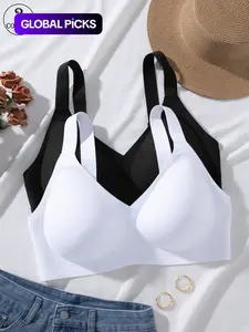 2-pack Plus-size Seamless Jelly Women's Bra, with Hook-and-Eye Closure and Adjustable Straps, No Underwire Wireless Support for a Beautiful Back, All-day Comfortable, Breathable, Skin-friendly and Soft, Everyday Casual Underwear