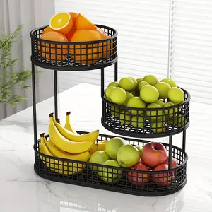 Large Capacity 3-Layer Black Metal Fruit Basket, Efficient Kitchen Storage Artifact, Suitable for Fruits, Vegetables, Bread, and Snacks