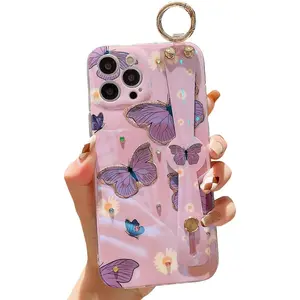 for iPhone 16 Pro Max Case with Stand Handle Wrist Strap Kickstand Glitter Bling Cute Cartoon IMD Soft TPU Shockproof Protective Phone Case for Girls and Women - Butterfly