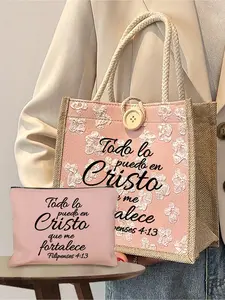 Christian-themed canvas tote bag, printed with the Spanish Bible phrase "Todo Lo Puedo En Cristo Que Me Fortalece". A multi-functional and portable shopping bag, a reusable printed ladies' handbag, a double-handled shopping bag, Printed Tote Bags