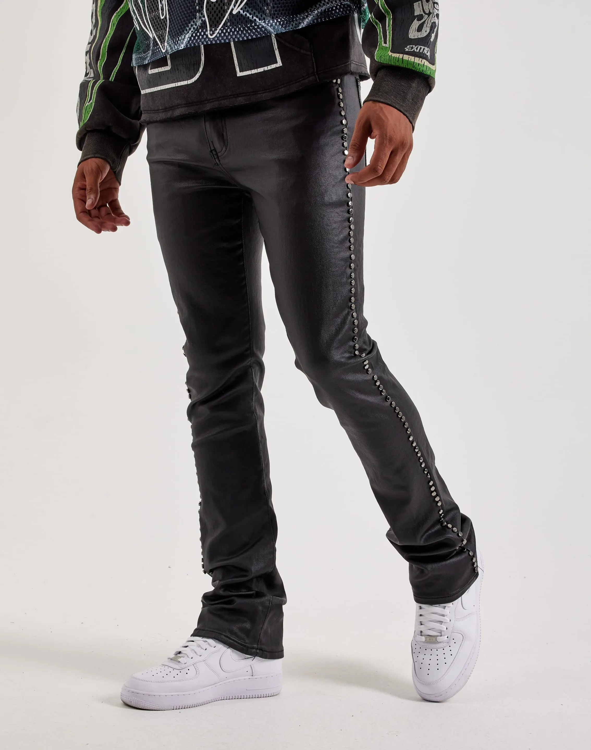 Mens WAIMEA Wax Coated Stacked Metal Stud Denim Jeans