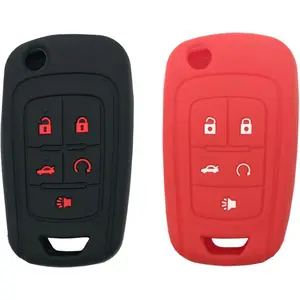 New Upgrade 5 Buttons Silicone Protector Key Fob Cover Case fit for Chevy Malibu Equinox Camaro Cruze Sonic Impala Folding Flip Keyless Entry Fob (Black+Red)