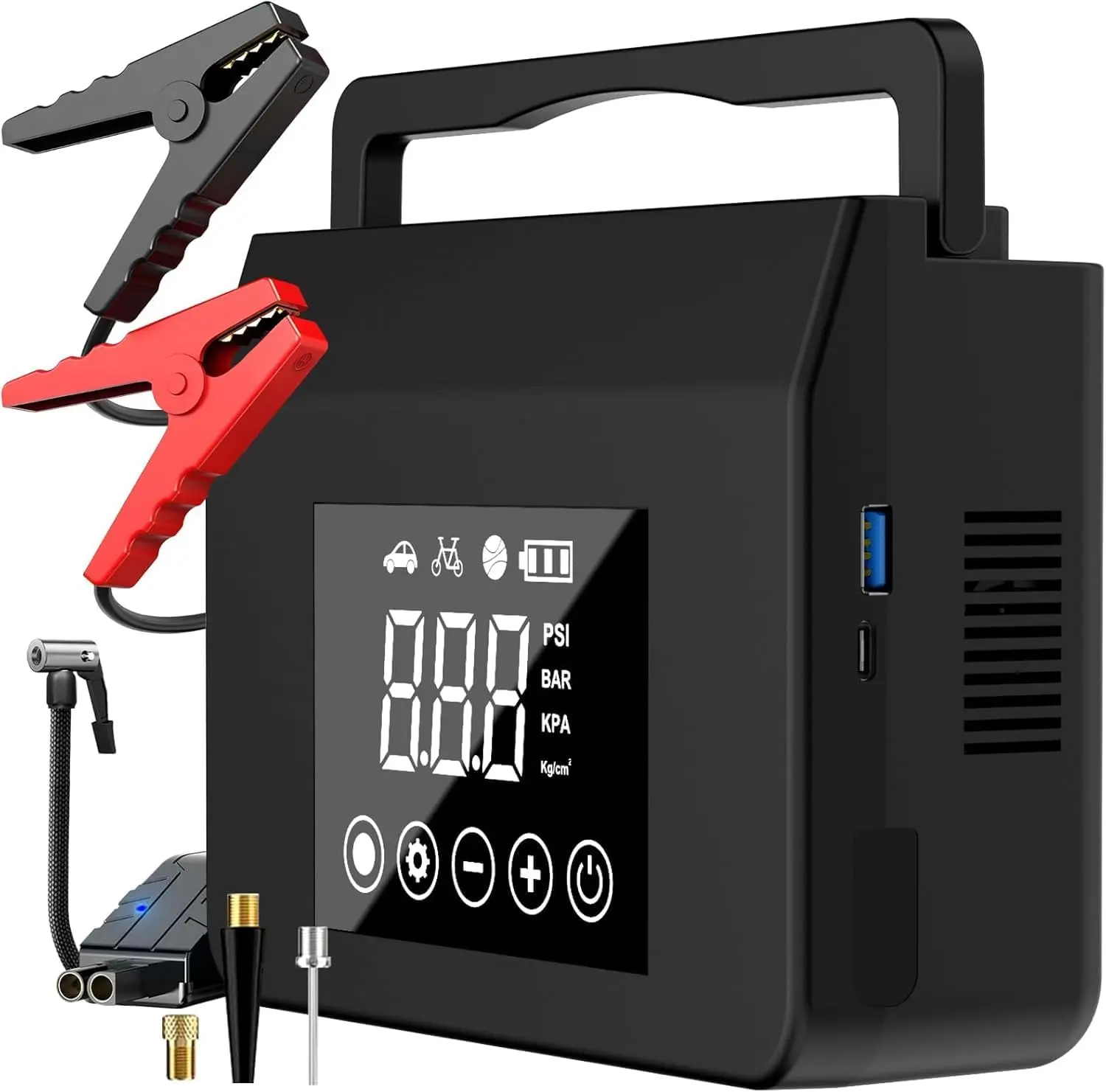 Jump Starter with Air Compressor, 4000A   Jump Starter( Gas/8.0L Diesel) with 150PSI Tire Inflator 12V   Jump Power, 15000mAh PowerBank With LED Light, with Type-C Quick Charge.
