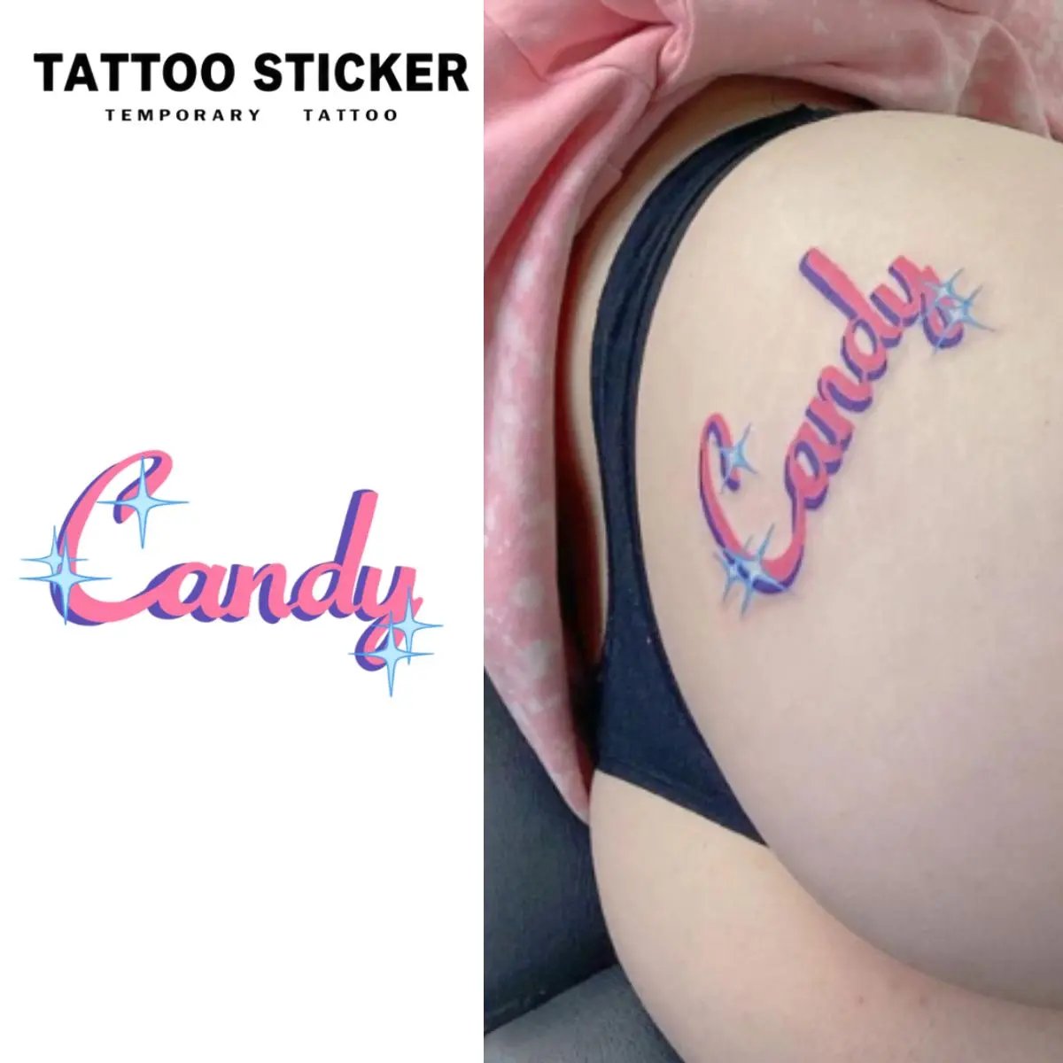 Realistic Durable Temporary Fake Tattoos Buy 1 Get 1 Free, Pink 3D Candy Sparkle Letter Tattoo Stickers, Y2K Hip Body Art Replacement for Henna Tattoo Kit
