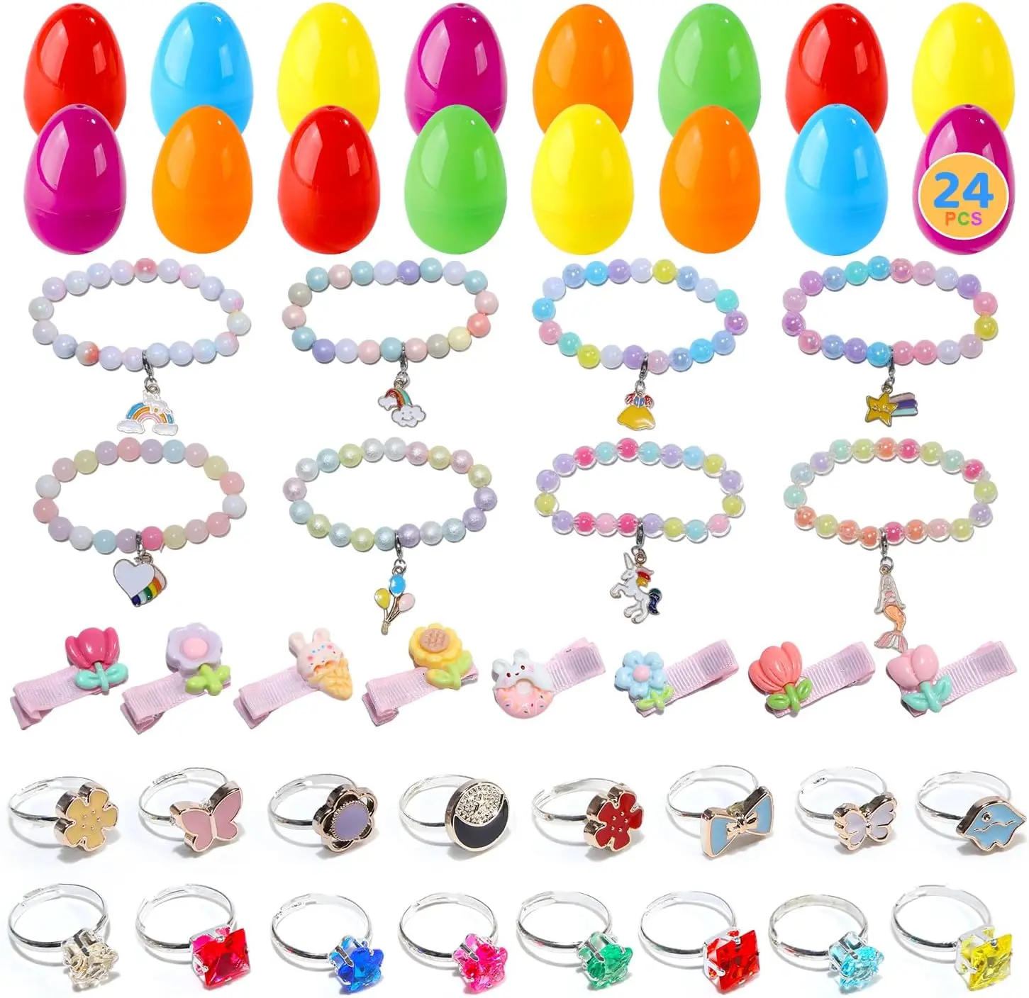CUTE STONE 24-Pack Filled Plastic Easter Surprise Egg Capsule Kit - Lightweight Toys with Bracelets, Rings, Hair Clips, Mini Gift Sets for Girls, Easter Basket Stuffers, Party Favors