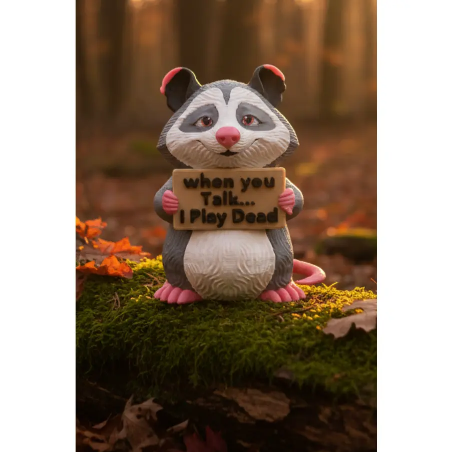 Small Textured Plastic Humorous Opossum Slogan Figurine - Holding "When You Talk I Play Dead" Sign, 3D Printed Desk Decor, Sarcastic Gift for Animal Lovers, Slogan Figurines