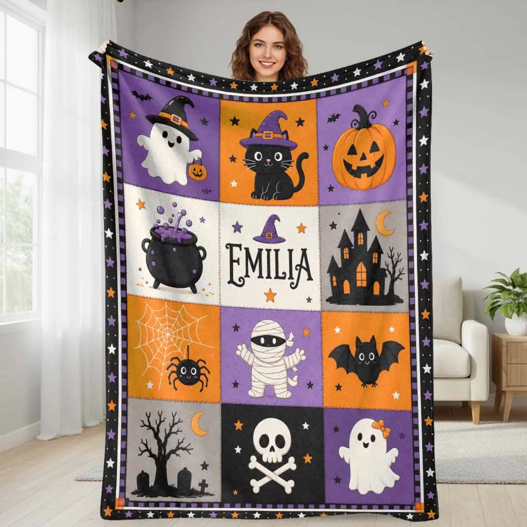 Halloween Theme Flannel Fabric Blanket - Pumpkin, Ghost, Witch, Cat Print - Ultra Soft, Lightweight, Plush Texture Throw - Multi-Size - Cozy Look for Autumn Home Room Decor, Couch, Holiday Party Gift Keepsake, Living Room Decor