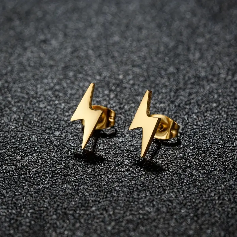 Men's Punk Style Stainless Steel Lightning Bolt Earrings, Low-Stimulus Fashion Jewelry Pair
