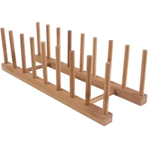 8-Slots  Wooden Dish Rack Storage Organiation Plate Rack Stand Pot Lid Holder Kitchen Cabinet Organier