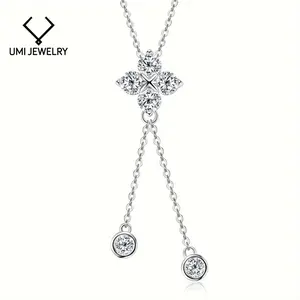UMI JEWELRY 1 piece of clover synthetic moissanite necklace made of pure silver, fashionable Y-shaped necklace for women, tassel hanging pendant necklace