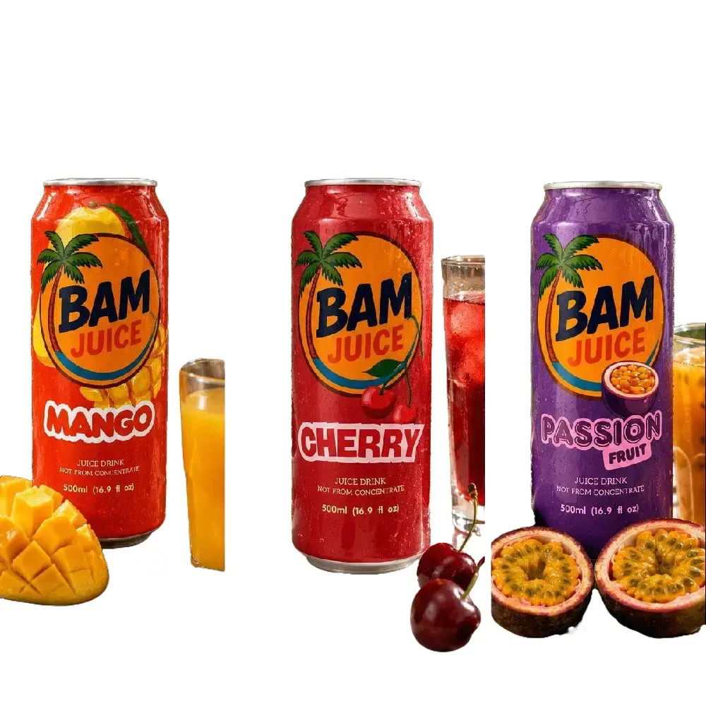 BAM Juice Tropical Fruit Beverage Variety Pack (Pack of 3) - Mango, Cherry, Passion Fruit Flavors - 500ml Each Can - Not From Concentrate