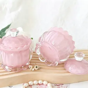 Style Petal Glass Storage Jar with Lid, Canister, Scented Candle Holder, Desktop Organizer, Jewelry Cotton Swab Container, Bedroom Decor, Glass Canisters