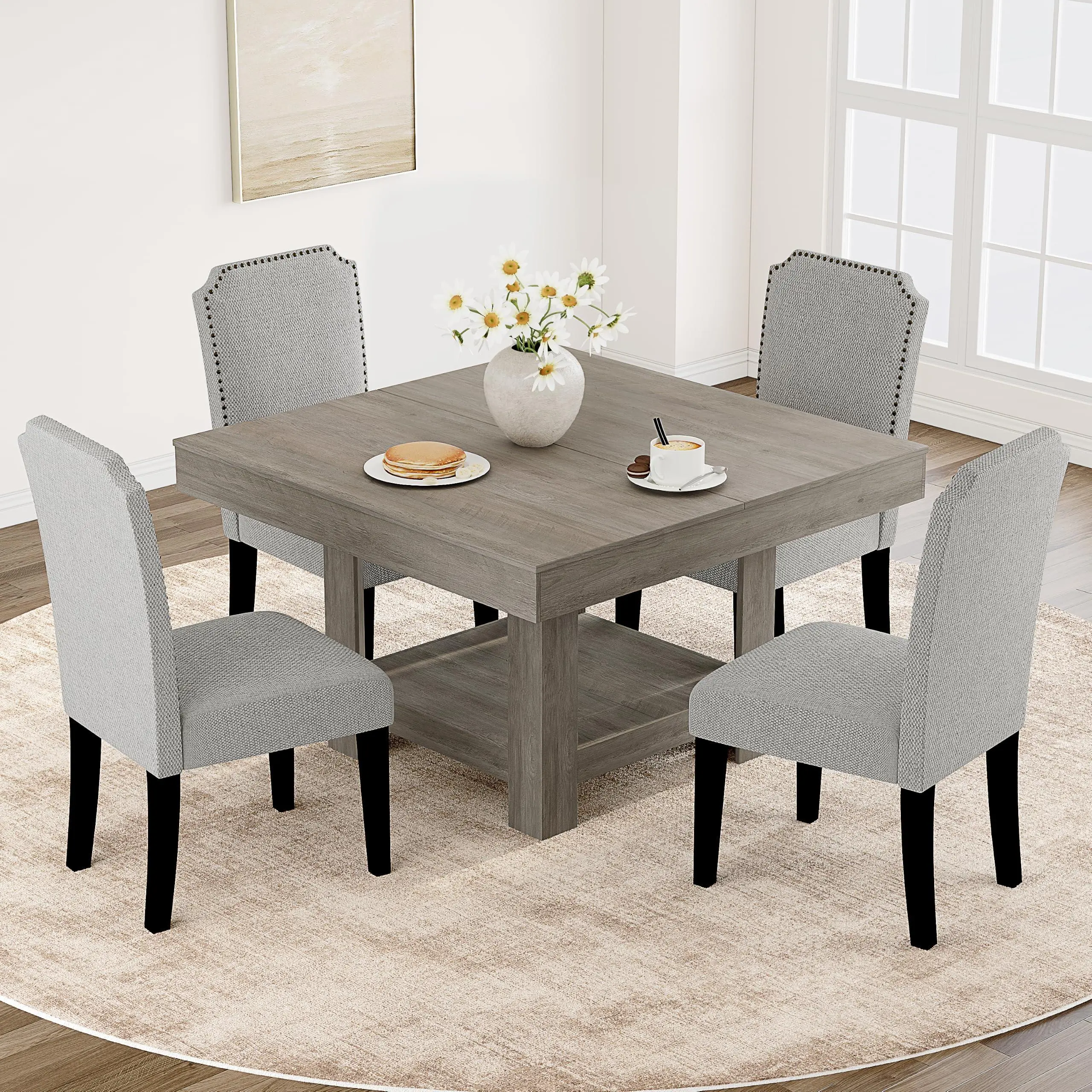 Gaomon Grey Square Shape Dining Room Table - 4-6 Seater, 350 lbs Load, Heavy Duty Waterproof Wooden Kitchen Dinner Table with 2 Storage Tiers & Sturdy Triangle Legs