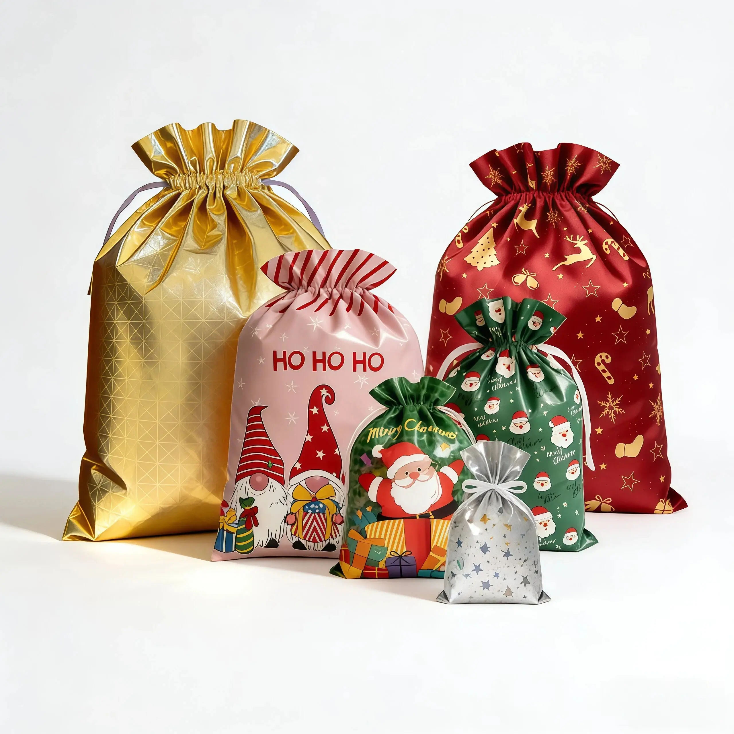 54PCS Reusable Foil Drawstring Christmas Gift Bags with Ribbon, 18 Vibrant Festive Designs, 6 Practical Sizes, Xmas Holiday Present Goodie Treat Bags for Christmas Gifts, Party Favors, Holiday Parties & Gift Packaging