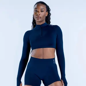 (With Logo)DFYNE Half Zip Cropped Workout Set - Burgundy Seamless Long Sleeve Top & High Waist Biker Shorts 2-Piece Compression Outfit for Women